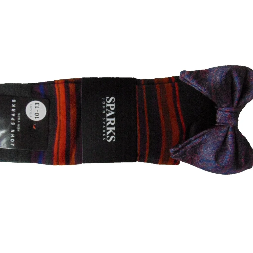 Socks Bow Tie Pocket Square Set Men's Size 10 - 13 Orange Multi John Sparks NWT